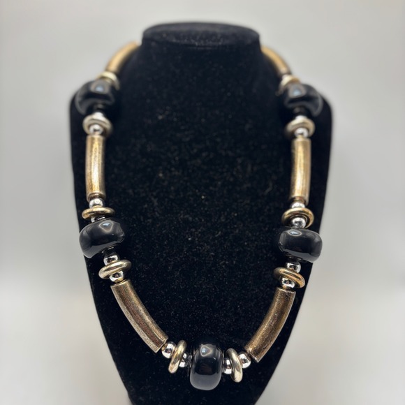 Vintage Black Onyx Tube Bead Necklace Bronze Gold Silver Spacers Tribal Style